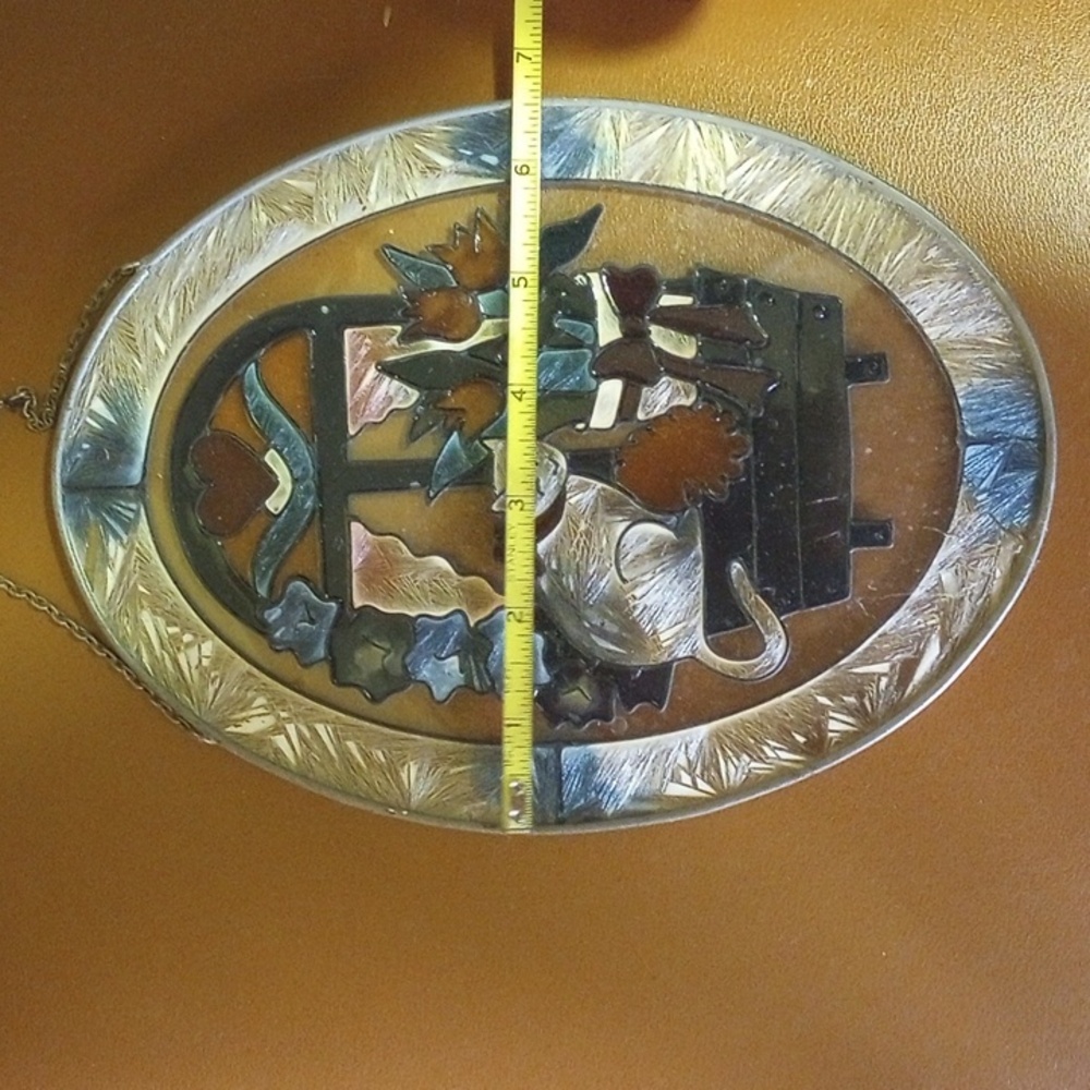 Oval Stained Glass Art. Cat at Window w/ Heart & Tulips. Green Blue Yellow Red - Picture 4 of 5